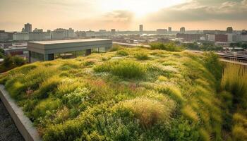 stedelijk horizon voldoet aan natuur schoonheid in zonsondergang gegenereerd door ai foto