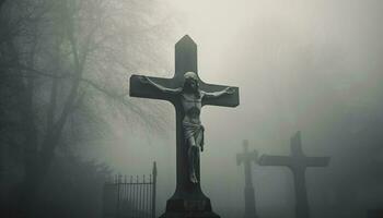 kruis silhouet in mist, bidden voor vergiffenis gegenereerd door ai foto