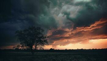 silhouet boom tegen dramatisch lucht Bij schemer gegenereerd door ai foto