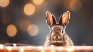 een aanbiddelijk konijn gevangen genomen met de bokeh techniek met zacht en dromerig wazig lichten in de achtergrond creëren een sereen en grillig atmosfeer voor een huis milieu ai gegenereerd foto