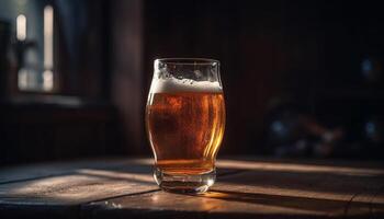 schuimig bier in pint glas Aan bar teller gegenereerd door ai foto