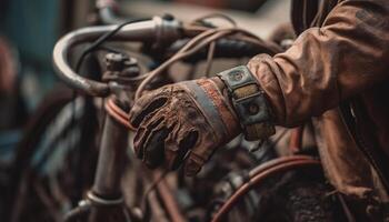 mannen repareren fiets met leer beschermend handschoenen gegenereerd door ai foto