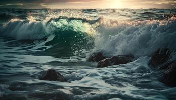 zonsondergang surfen spatten, nat zand reflecterend schoonheid gegenereerd door ai foto