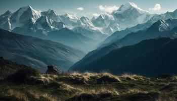 majestueus berg bereik, rustig weide, panoramisch schoonheid gegenereerd door ai foto