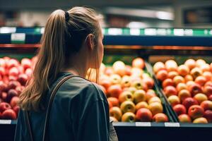 ai generatief. vrouw kiezen fruit Bij supermarkt. foto