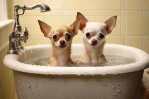 verrukkelijk tafereel chihuahuas het baden in een wasbak. generatief ai foto