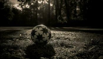 spelen voetbal Aan groen gras, zwart en wit bal in focus gegenereerd door ai foto