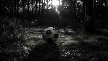 spelen voetbal Aan een met gras begroeid veld- onder de zomer zon gegenereerd door ai foto