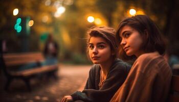 twee jong Dames zittend buitenshuis, glimlachen gelukkig samen gegenereerd door ai foto