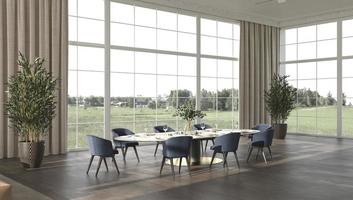 luxe eetkamer met zonlicht en natuur panorama uitzicht achtergrond 3d render illustratie beige interieur