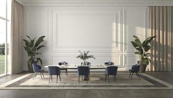 luxe lichte eetkamer met zonlicht en natuur uitzicht achtergrond 3d render illustratie beige interieur