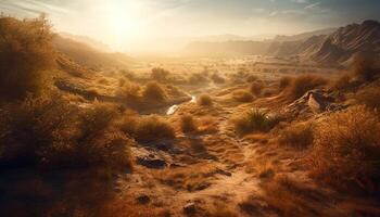 zonsopkomst over- berg bereik, rustig schoonheid in natuur gegenereerd door ai foto