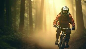 mannen wielersport door Woud, extreem sport- avontuur gegenereerd door ai foto