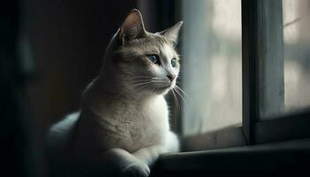 pluizig katje staren uit venster, schattig portret gegenereerd door ai foto