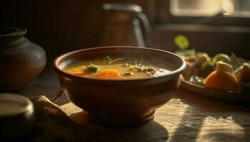 gezond eigengemaakt groente soep in rustiek serviesgoed gegenereerd door ai foto