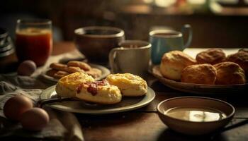 vers gebakken eigengemaakt muffins Aan rustiek hout bord gegenereerd door ai foto