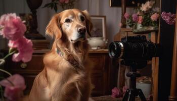 schattig puppy zittend Aan tafel, op zoek Bij camera gegenereerd door ai foto