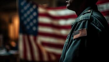 een Mens Holding Amerikaans vlag, tonen eer gegenereerd door ai foto