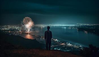 een persoon staan, aan het kijken verlichte stad horizon gegenereerd door ai foto