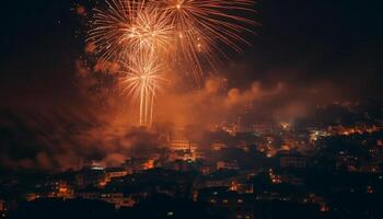 gloeiend vuurwerk verlichten stad horizon Bij nacht gegenereerd door ai foto