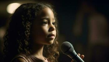 schattig kind zanger presteert Aan stadium binnenshuis gegenereerd door ai foto