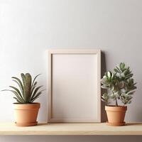 ai gegenereerd mock-up van een interieur blanco afbeelding kader in een helder kamer met vetplanten en veel van natuurlijk licht foto