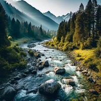 ai gegenereerd foto's berg visie, rivier, bomen foto