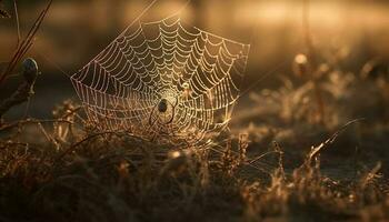 spin spins web, dauw druppels glinsteren in zonlicht gegenereerd door ai foto