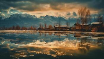 rustig berg reeks weerspiegelt zonsondergang Aan water gegenereerd door ai foto