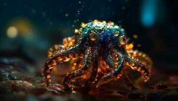 multi gekleurde Octopus voelhoorn gloeit in donker water gegenereerd door ai foto