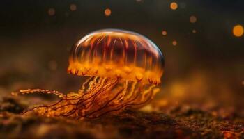 gloeiend cnidarian tentakels in donker onderwater- schoonheid gegenereerd door ai foto