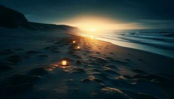rustig zonsondergang over- water, zand duin voorgrond gegenereerd door ai foto