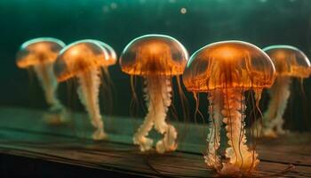 gloeiend tentakels van giftig cnidarian in diep zee gegenereerd door ai foto