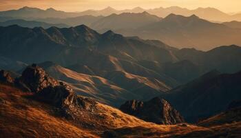 majestueus berg piek, rustig zonsopkomst, schoonheid in natuur gegenereerd door ai foto