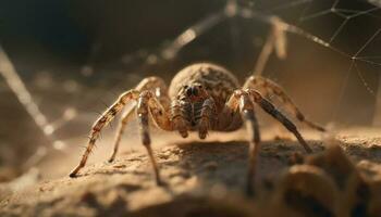 spookachtig spinachtige kruipen Aan harig spin web gegenereerd door ai foto