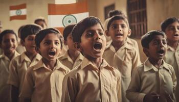 glimlachen school- kinderen in uniform aan het studeren binnenshuis gegenereerd door ai foto