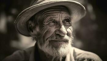 glimlachen senior Mens in rietje hoed buitenshuis gegenereerd door ai foto