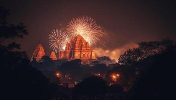 majestueus pagode verlichte Bij schemer met vuurwerk gegenereerd door ai foto