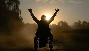 zonsondergang silhouet van een persoon in rolstoel vondsten vrijheid buitenshuis gegenereerd door ai foto