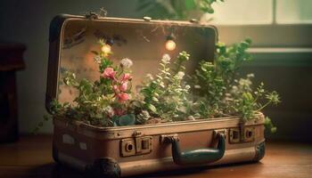zomer reizen avontuur oud fashioned koffer Ingepakt met groei gegenereerd door ai foto