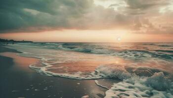 zonsondergang over- rustig zeegezicht, een perfect vakantie gegenereerd door ai foto