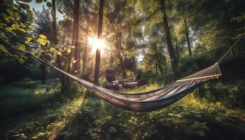 swinging Aan een hangmat, genieten van natuur schoonheid gegenereerd door ai foto