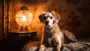 schattig puppy zittend binnenshuis, op zoek Bij camera gegenereerd door ai foto