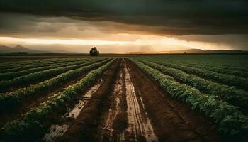 zonsondergang over- landelijk boerderij, natuur schoonheid geoogst gegenereerd door ai foto