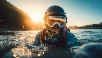 een persoon lachend, duiken in blauw water gegenereerd door ai foto