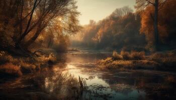 rustig herfst Woud weerspiegelt in nog steeds vijver gegenereerd door ai foto