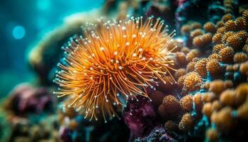 multi gekleurde vis zwemmen tussen levendig koraal rif gegenereerd door ai foto