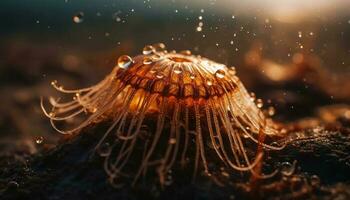 gloeiend cnidarian tentakels verlichten onderwater- schoonheid Bij nacht gegenereerd door ai foto