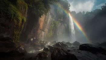 majestueus berg bereik, regenboog, en vloeiende water gegenereerd door ai foto