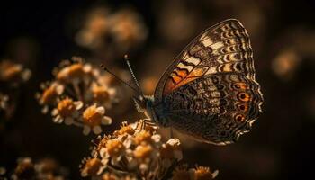 levendig vlinder vleugel gevlekte Aan geel bloem gegenereerd door ai foto